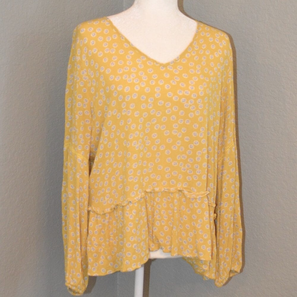 Sz M Anthropologie Pleione Yellow Daisy Boho Peasant Shirt